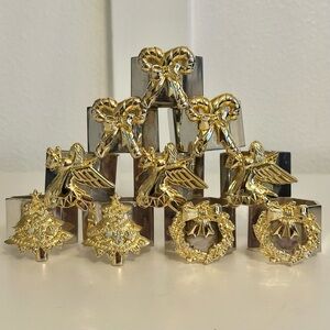 (10) VTG Silver Plated Napkin Rings Gold Tone Angel Xmas Tree Wreath Candy Cane